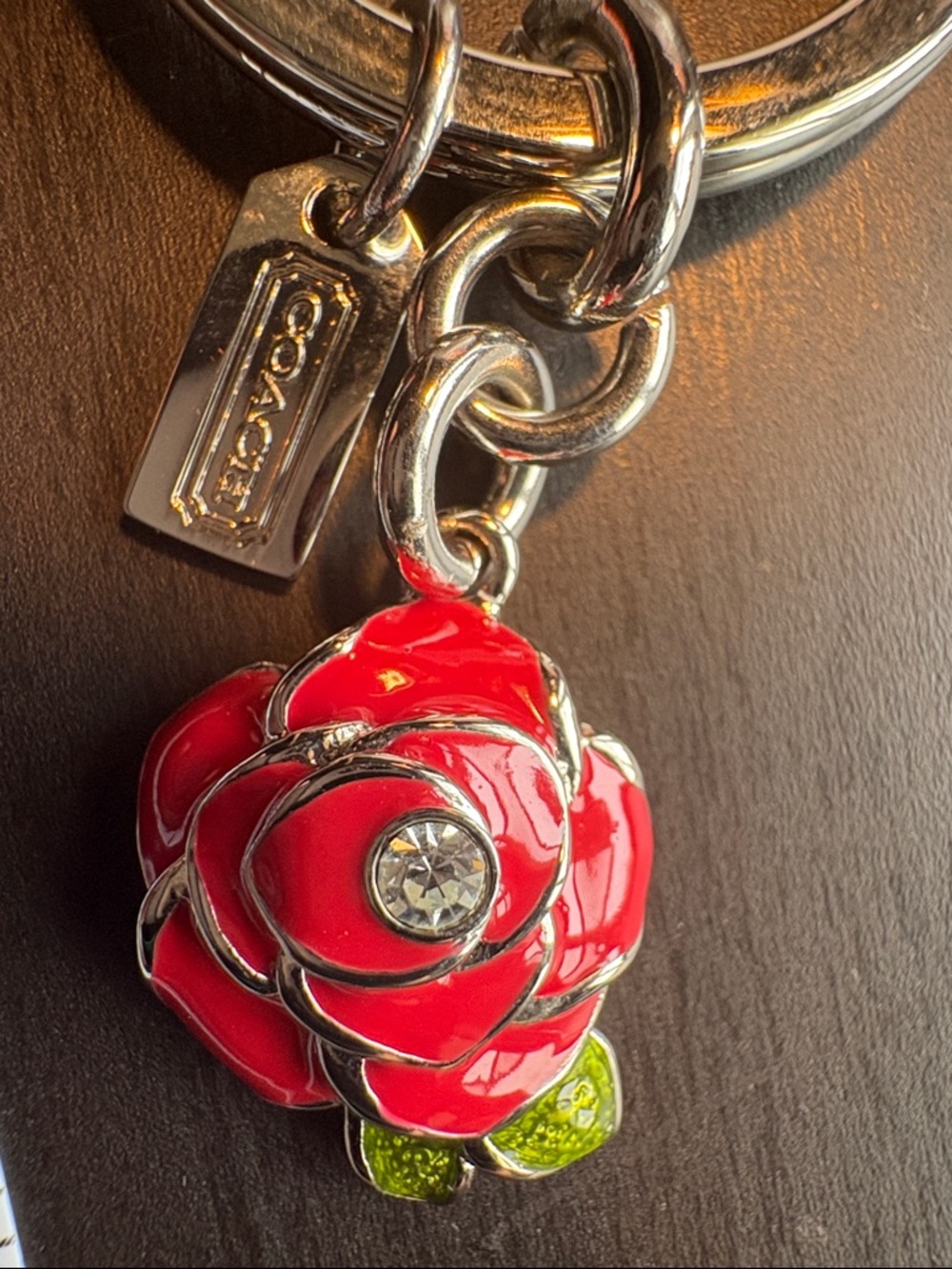 Coach Red Enamel Flower Key Fob with Silver Hardware - Picture 2 of 4